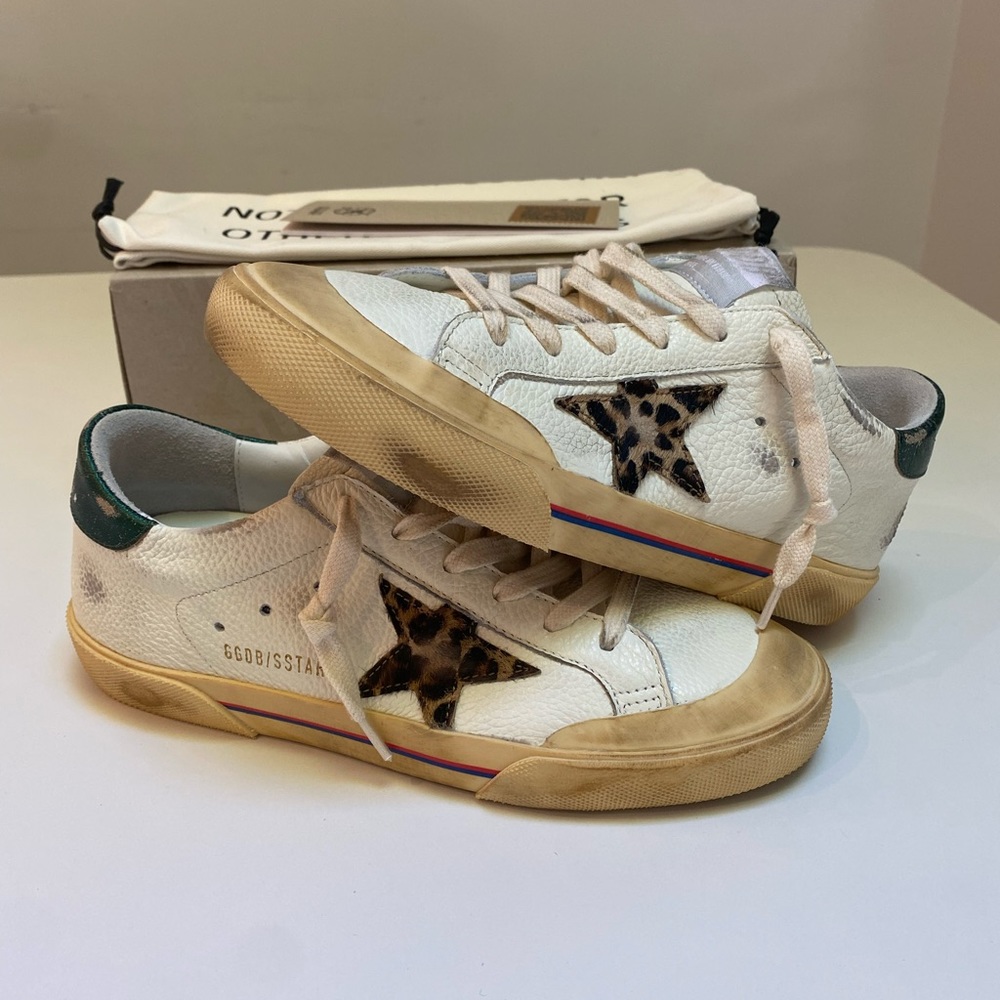 Golden Goose Superstar Penstar White Leather/Green/Leopard Star sz 38 New in Box - Picture 10 of 14